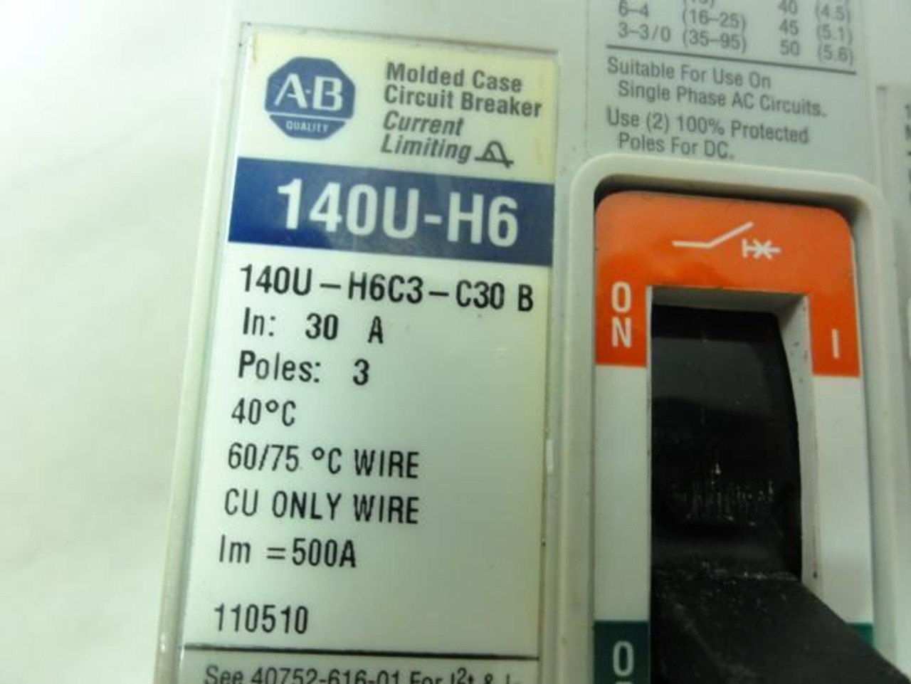Allen-Bradley 14OU-H6C3-C30; Circuit Breaker 30A; 480VAC; 3Pole