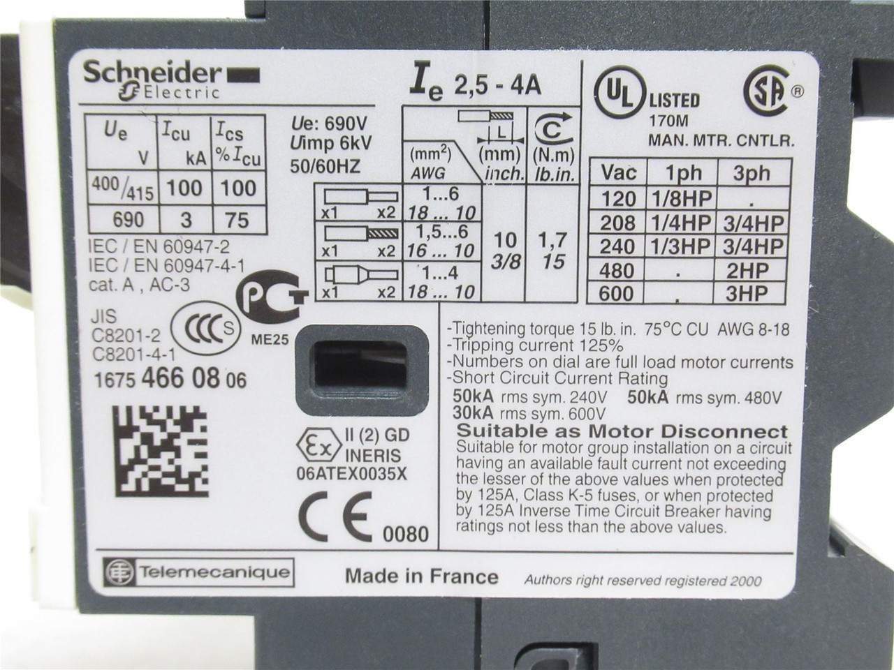 Schneider GV2ME08; Manual Starter 2.5-4.0A; 3P; 600V