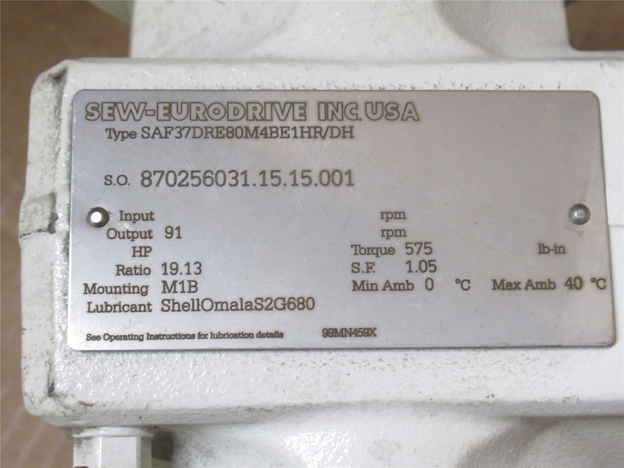 SEW SAF37DRE80M4BE1HR/DH; AC Gear Motor; 1HP; 19.13:1 Ratio