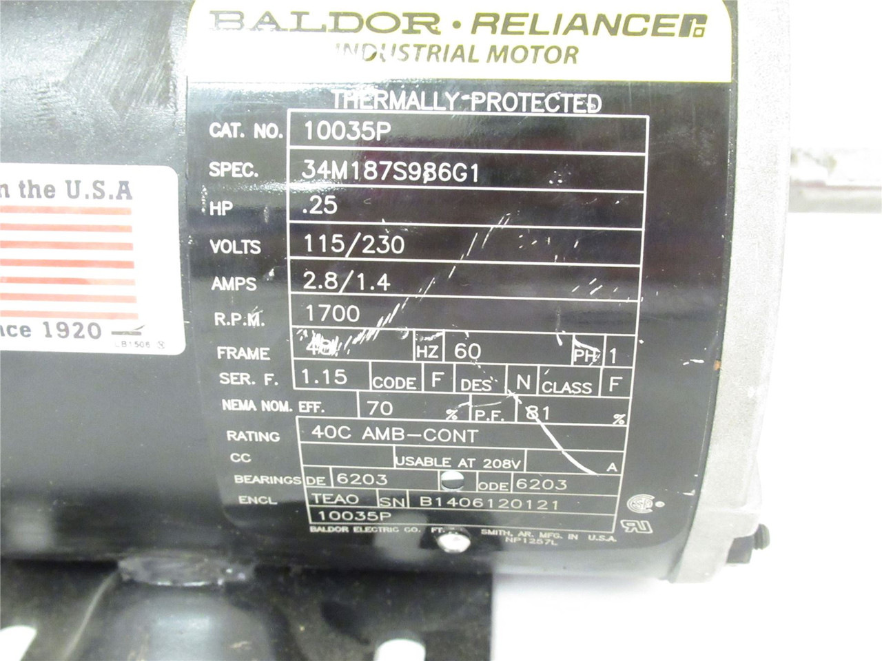 Baldor 10035P; Motor; .25HP; 115/230V; 2.8/1.4A; 1700RPM; 1Ph Baldor 10035P; Motor; .25HP; 115/230V; 2.8/1.4A; 1700RPM; 1Ph