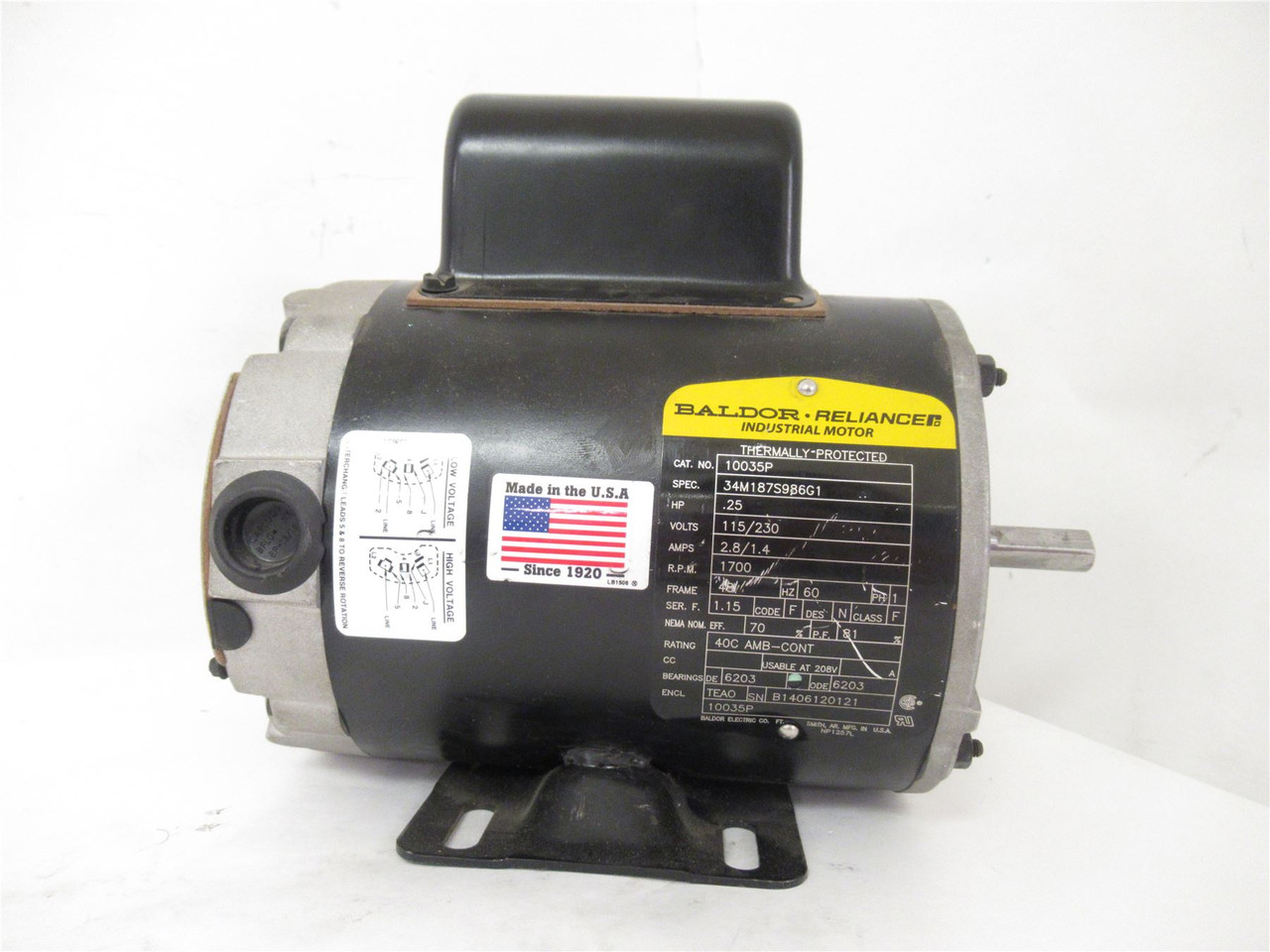 Baldor 10035P; Motor; .25HP; 115/230V; 2.8/1.4A; 1700RPM; 1Ph Baldor 10035P; Motor; .25HP; 115/230V; 2.8/1.4A; 1700RPM; 1Ph