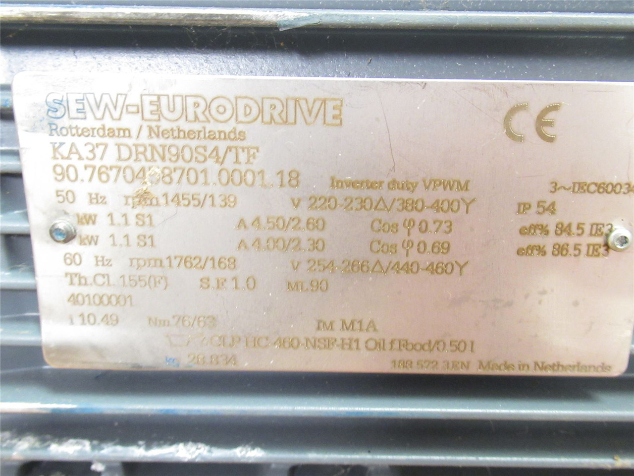 SEW KA37DRN90S4/TF; Gear Motor 10.5:1 Ratio 1.1kW; 1762/168RPM