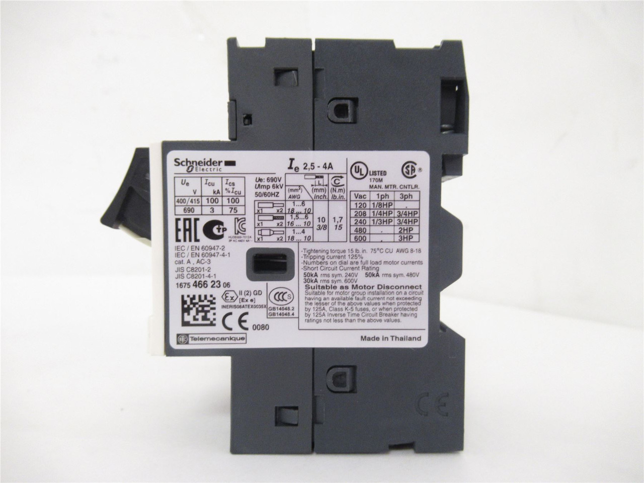 Schneider GV2ME08; Manual Motor Starter 690VAC 2.5-4A3-Pole