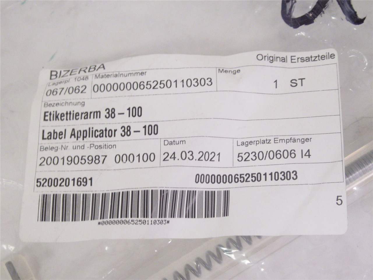 Bizerba 65250110303; Label Applicator 38-100