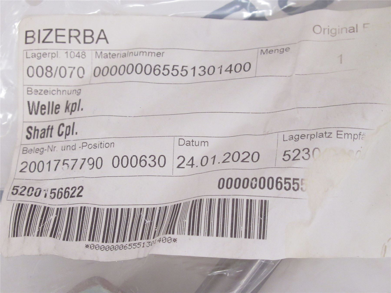 Bizerba 65551301400; Shaft Cpl.