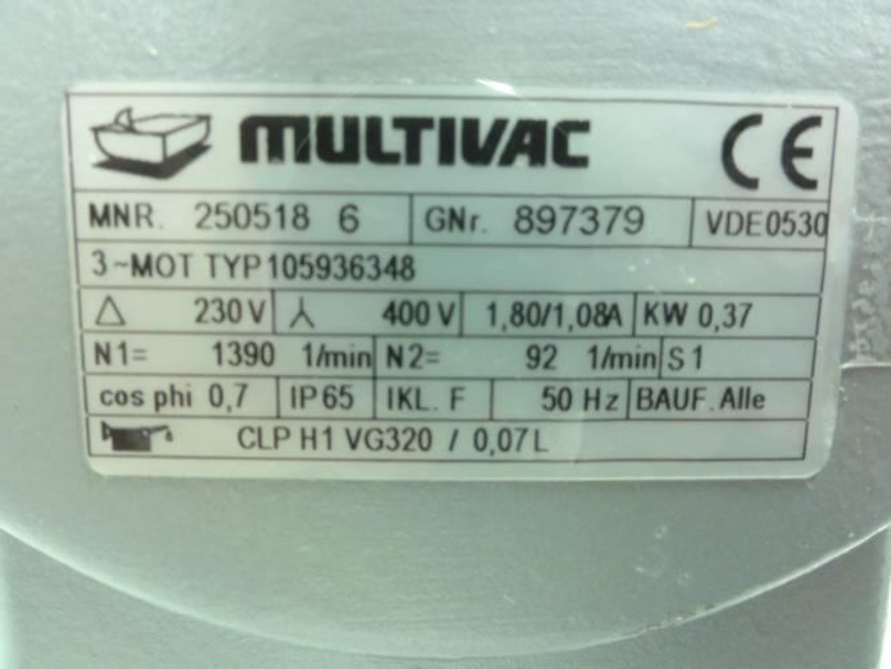 Multivac 105936348; Servo Motor; 370W; 230/400V; 65-50Hz