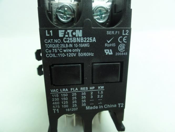 Eaton C25BNB225A; Contactor 25A; 600V; 2P; Coil: 120VAC