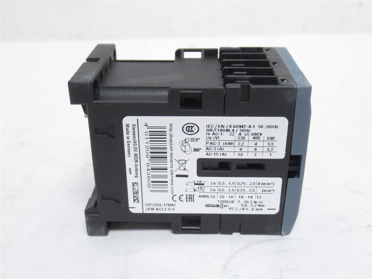 Siemens 3RT2016-1FB42; Contactor; 3P; 9A; 600VAC; Coil 24VDC