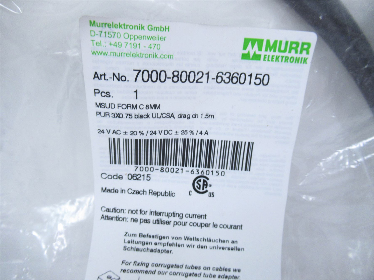 Murr 7000-80021-6360150; Connector Lug MSUD Form C 1.5m Cable