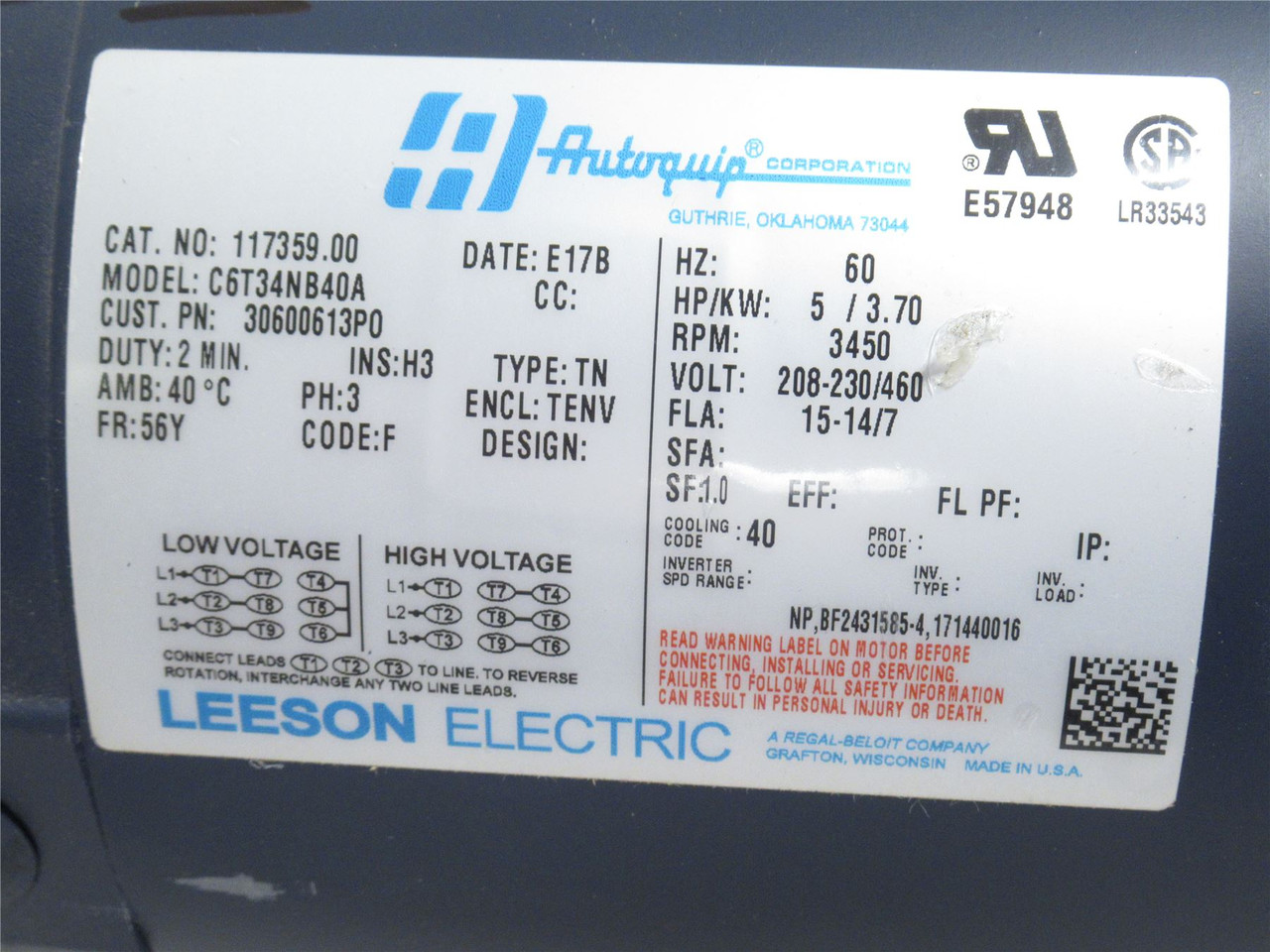 Leeson C6T34NB40A; AC Motor 117359.00; 1HP; 230/460V; 3450RPM