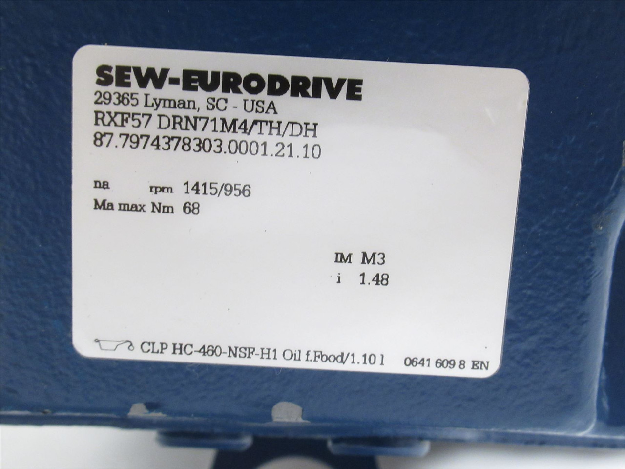 SEW RXF57DRN71M4/TH/DH; AC Gear motor; 1.48:1 Ratio; 1/2HP