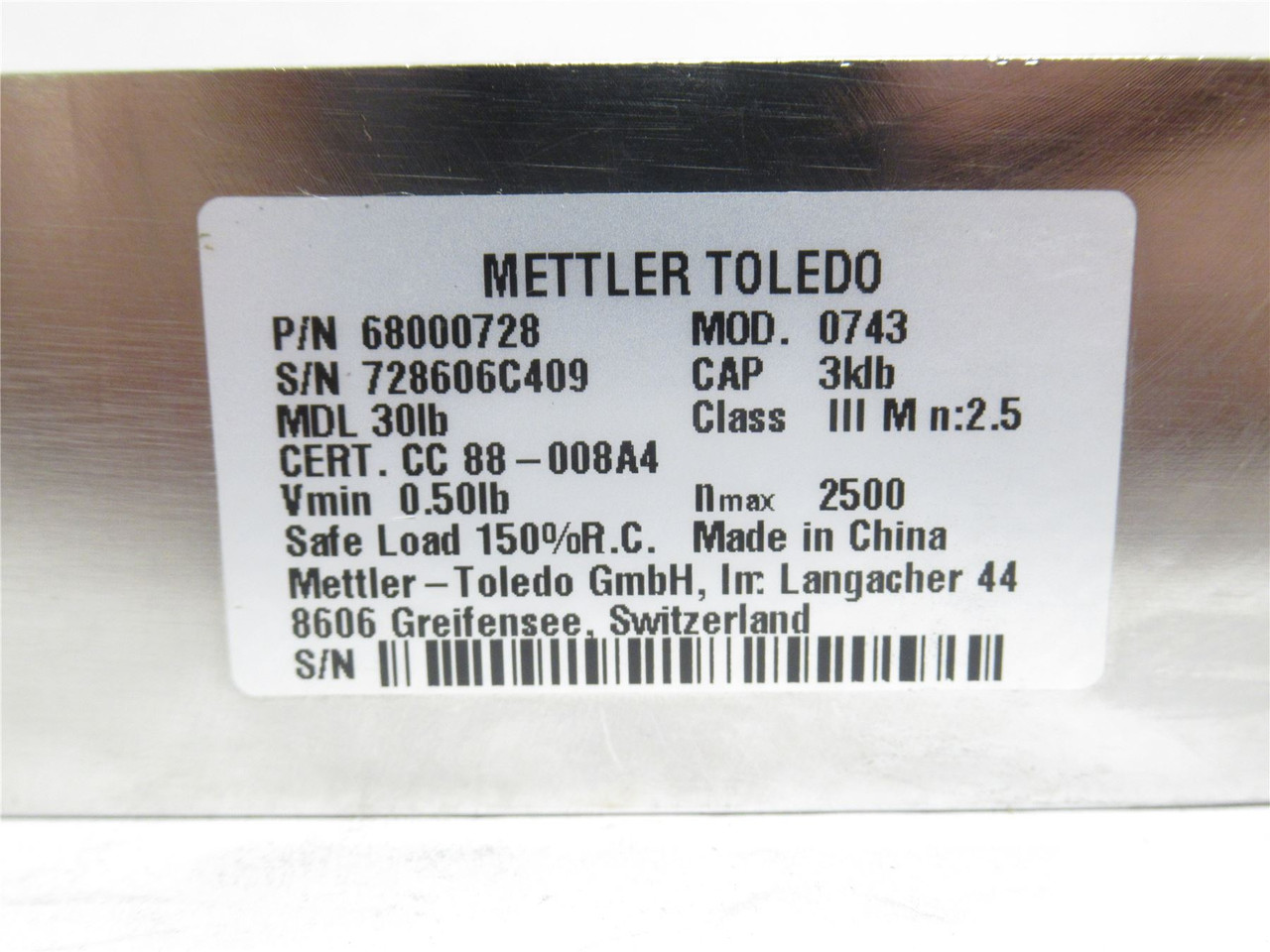 Mettler-Toledo 68000728; Load Cell MDL 30LB CAP: 3KLB