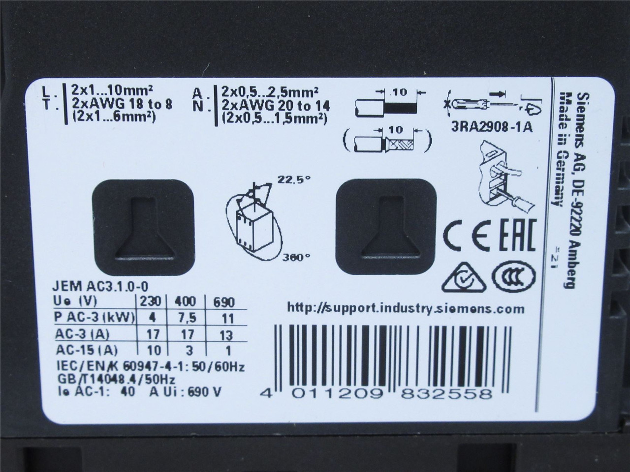 Siemens 3RT2025-2BB40; Contactor 16A 3P Coil 24VDC
