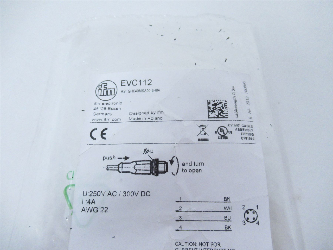 IFM Efector EVC112; Cordset Male; Straight; 4 wire; 0.3m