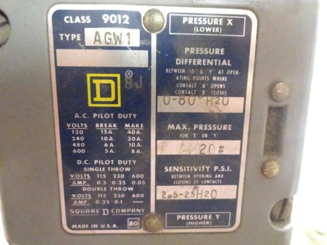 Square D AGW1; Pressure Switch; 20 Max. 0-80 H20