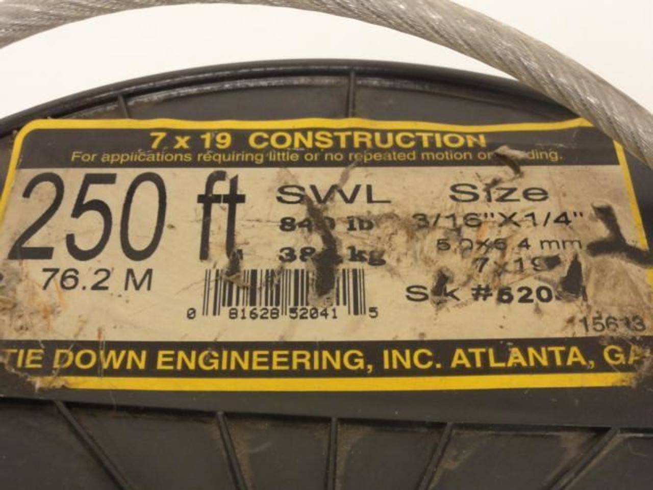 Tie Down MDL-Unkn91895; Cable; 3/16 x 1/4"; 840Lb Capacity; Partial Roll Tie Down MDL-Unkn91895; Cable; 3/16 x 1/4"; 840Lb Capacity; Partial Roll