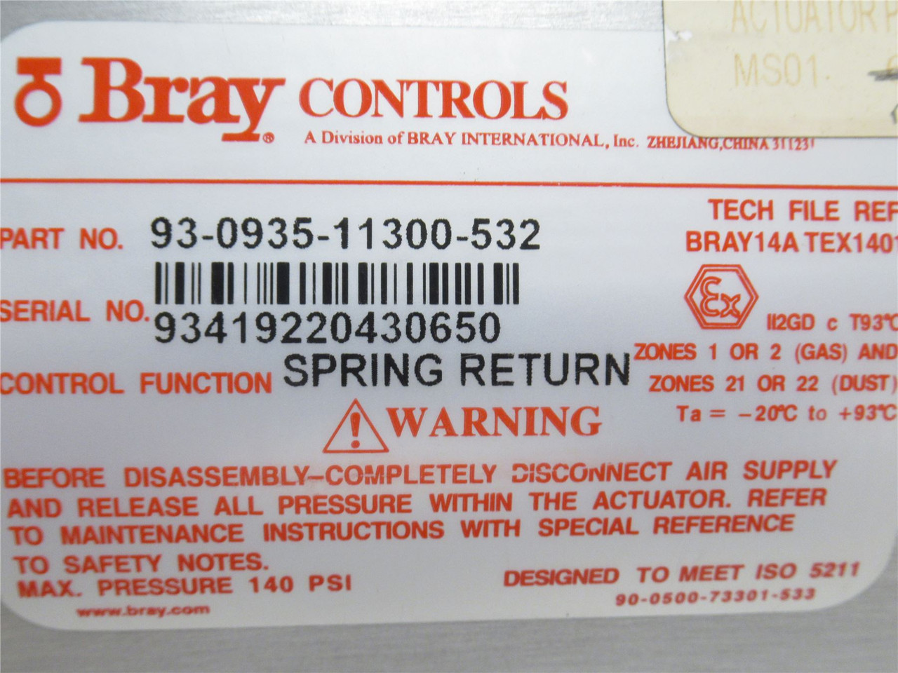 Bray Controls 93-0935-11300-532; Pneumatic Actuator; 140PSI
