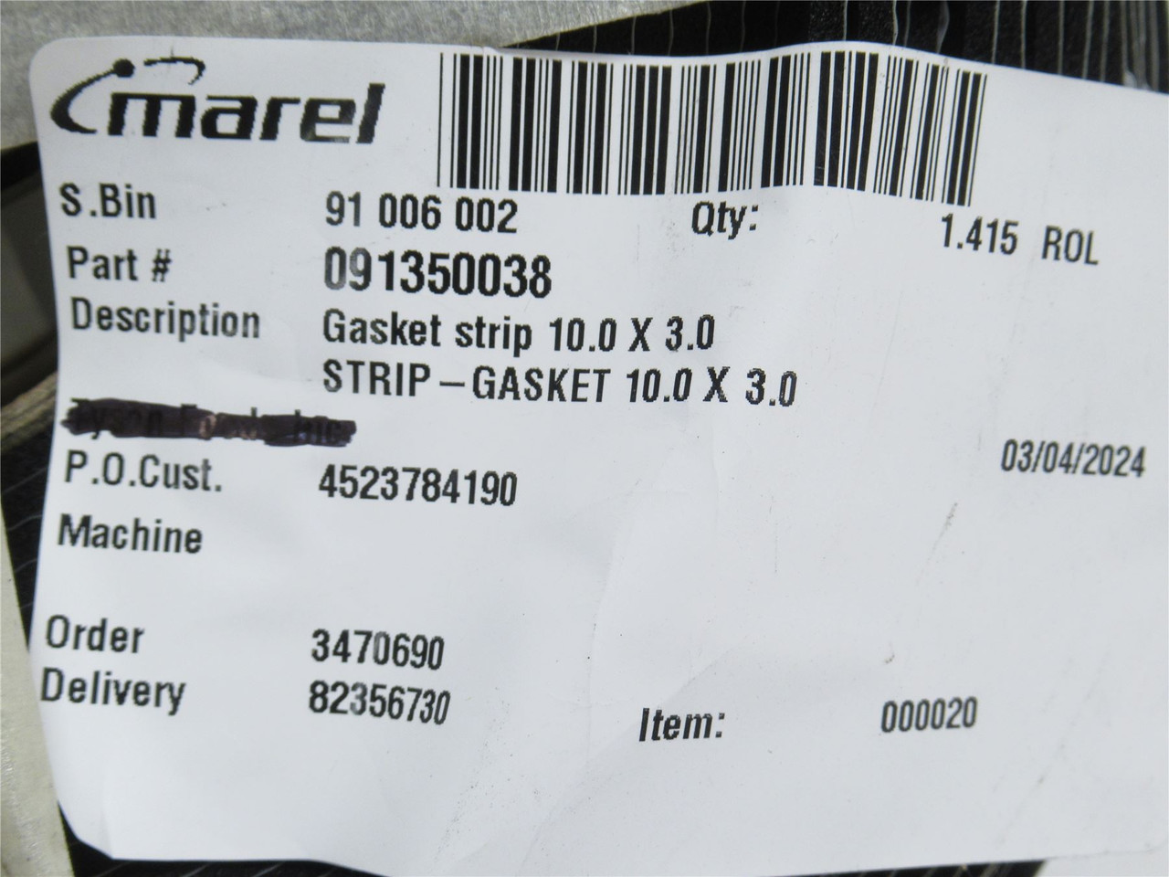 Marel 91350038; Lot-30'; Strip Gasket; 10mm Width