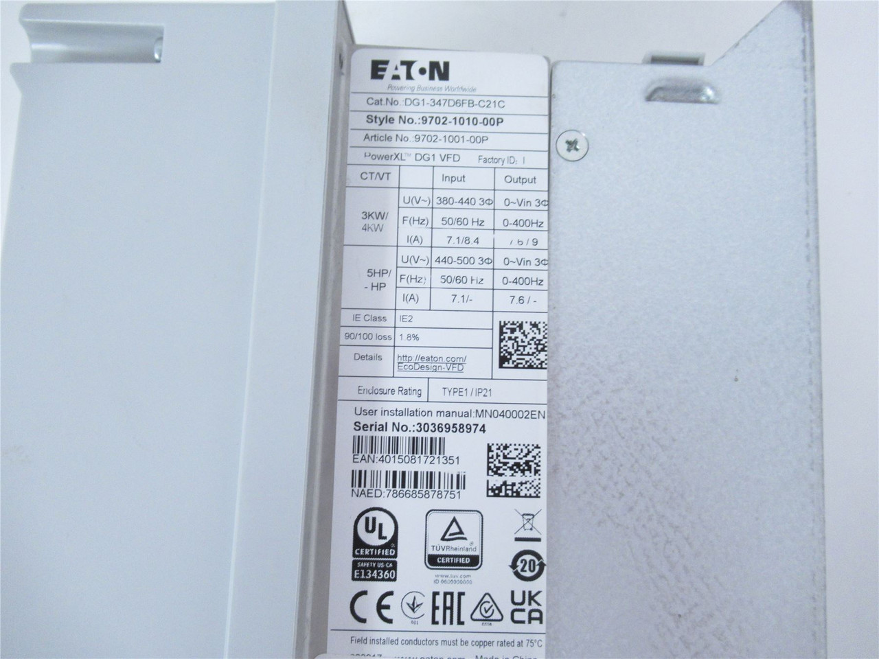 Eaton DG1-347D6FB-C21C; AC Drive 5HP 440VAC 3Ph