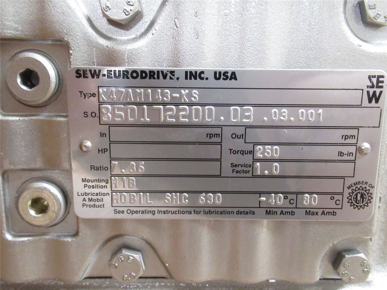SEW K47AM143-KS; Inline Gearbox 7.36:1 Ratio SEW K47AM143-KS; Inline Gearbox 7.36:1 Ratio