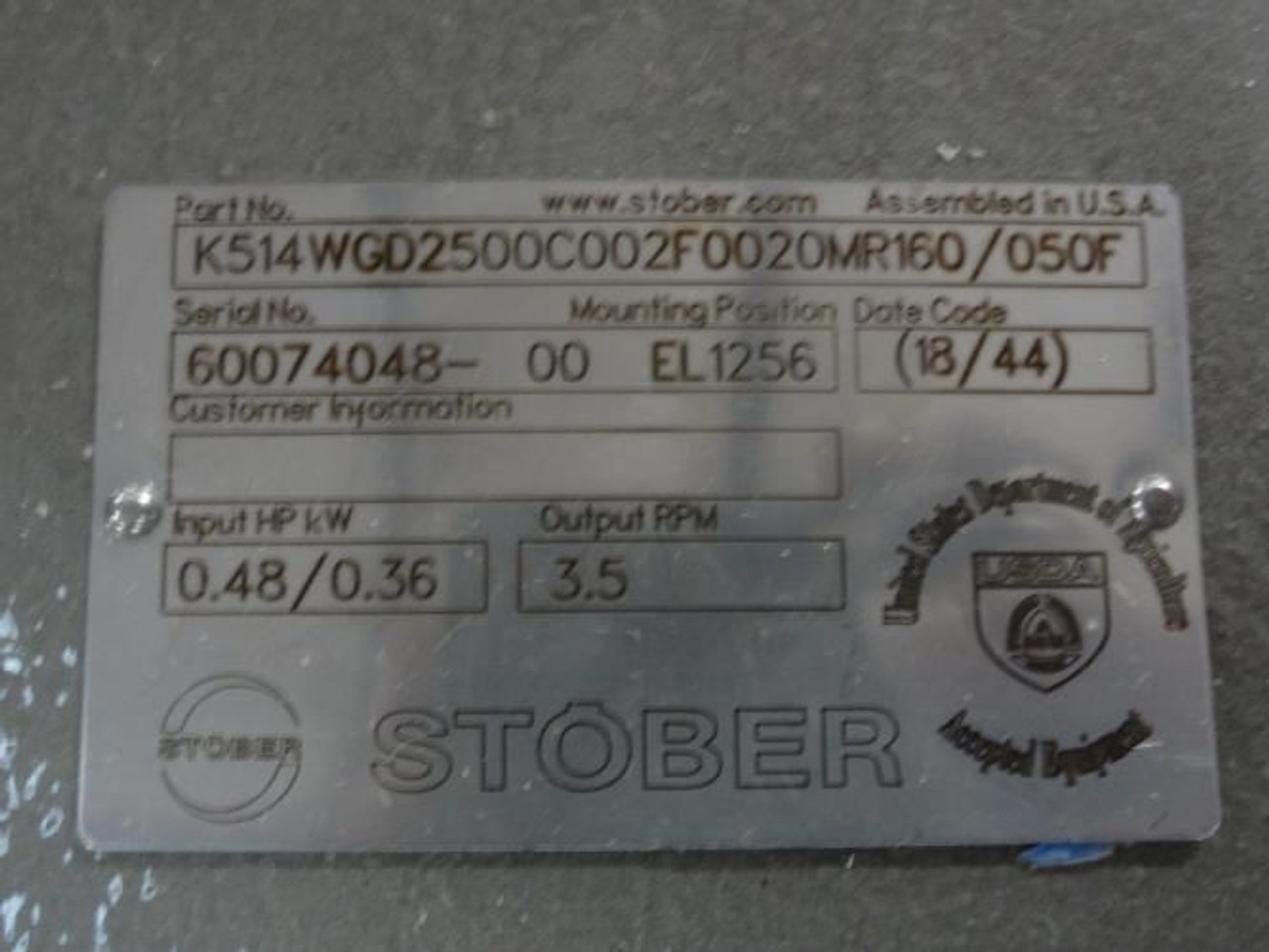 Stober K514WGD2500C002F0020MR160/050F; Gearbox; 0.48Hp/0.36kW Stober K514WGD2500C002F0020MR160/050F; Gearbox; 0.48Hp/0.36kW