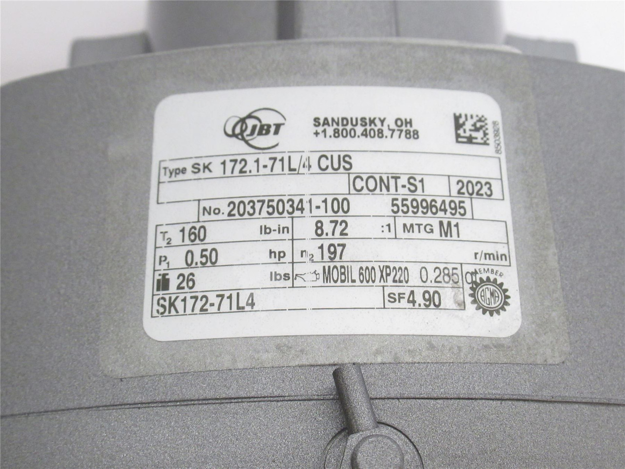 JBT SK172.1-71L/4; Gear Motor; 8.7:1 Ratio; 1/2HP; 230/460VAC JBT SK172.1-71L/4; Gear Motor; 8.7:1 Ratio; 1/2HP; 230/460VAC