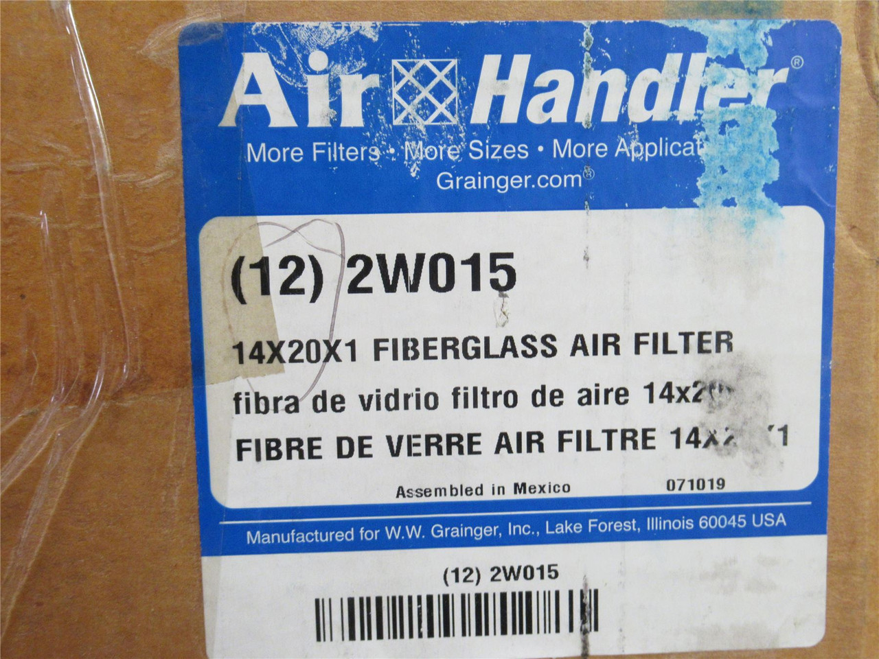 Air Handler 2W015; Box-12; Fiberglass Air Filter 14x20x1 Air Handler 2W015; Box-12; Fiberglass Air Filter 14x20x1