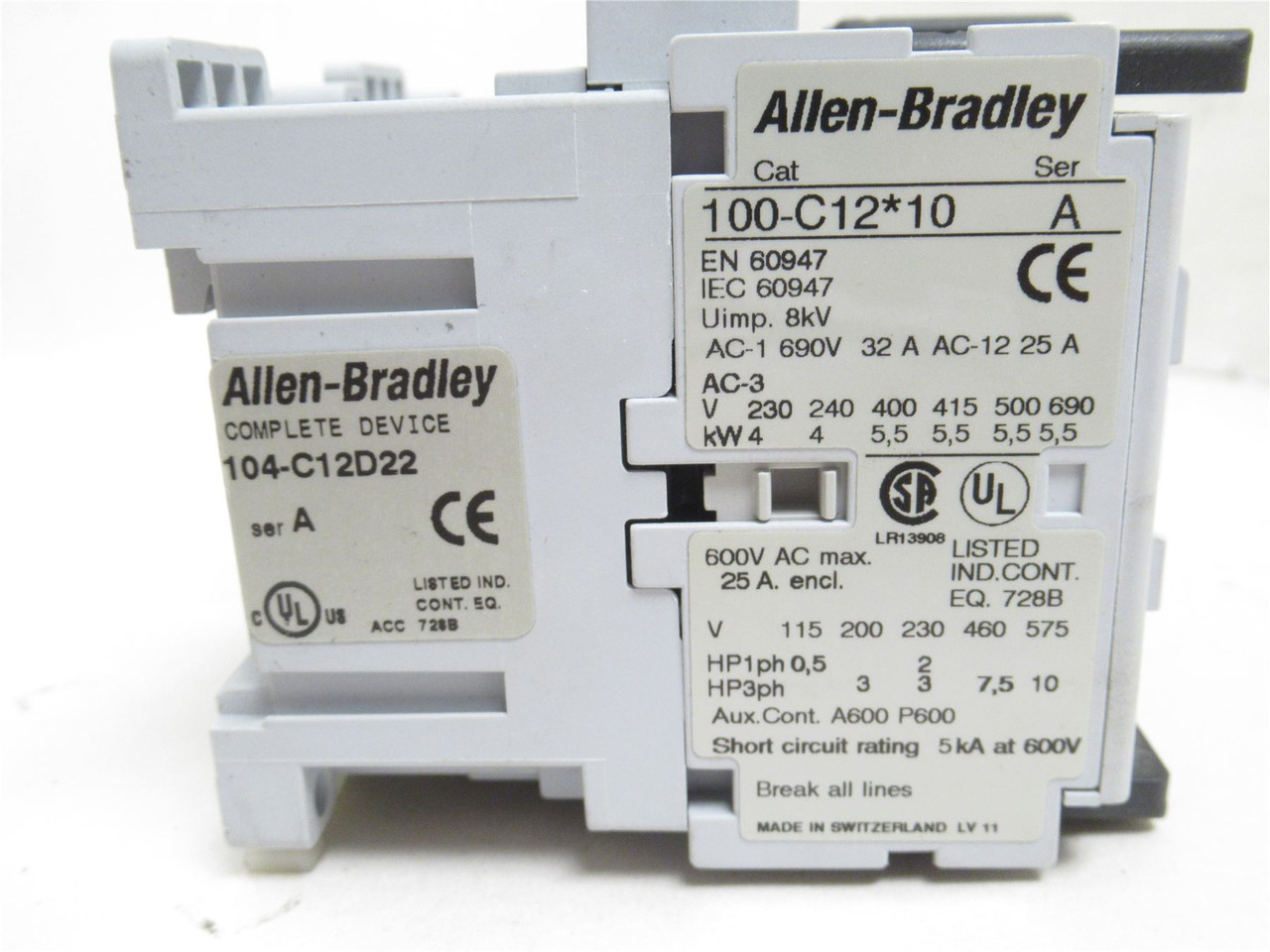 Allen-Bradley 104-C12D22; Contactor 12A 600VAC; Coil 120V Allen-Bradley 104-C12D22; Contactor 12A 600VAC; Coil 120V