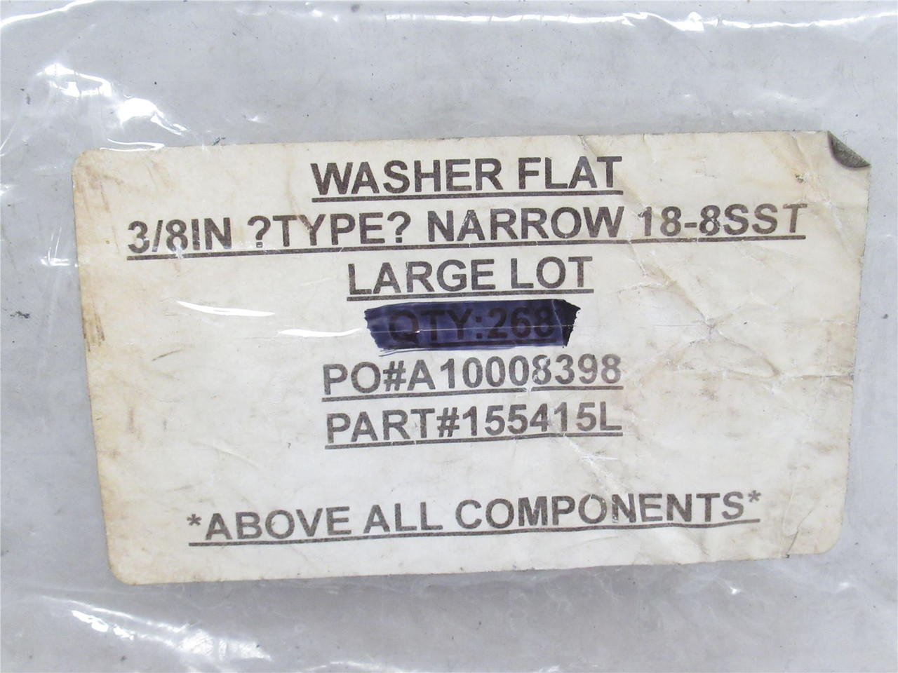 MFG- 155415L; Lot-260 Flat Washers; SS-316; Size: 3/8"