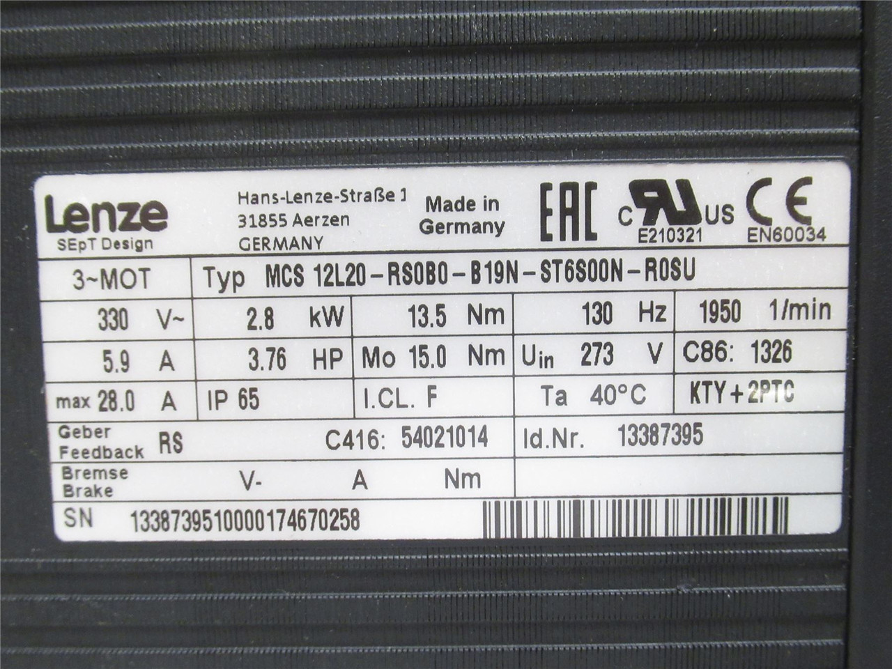 Lenze MCS-12L20-RS0B0-B19N-ST6S00N-R0SU; Servo Motor; 3.76HP