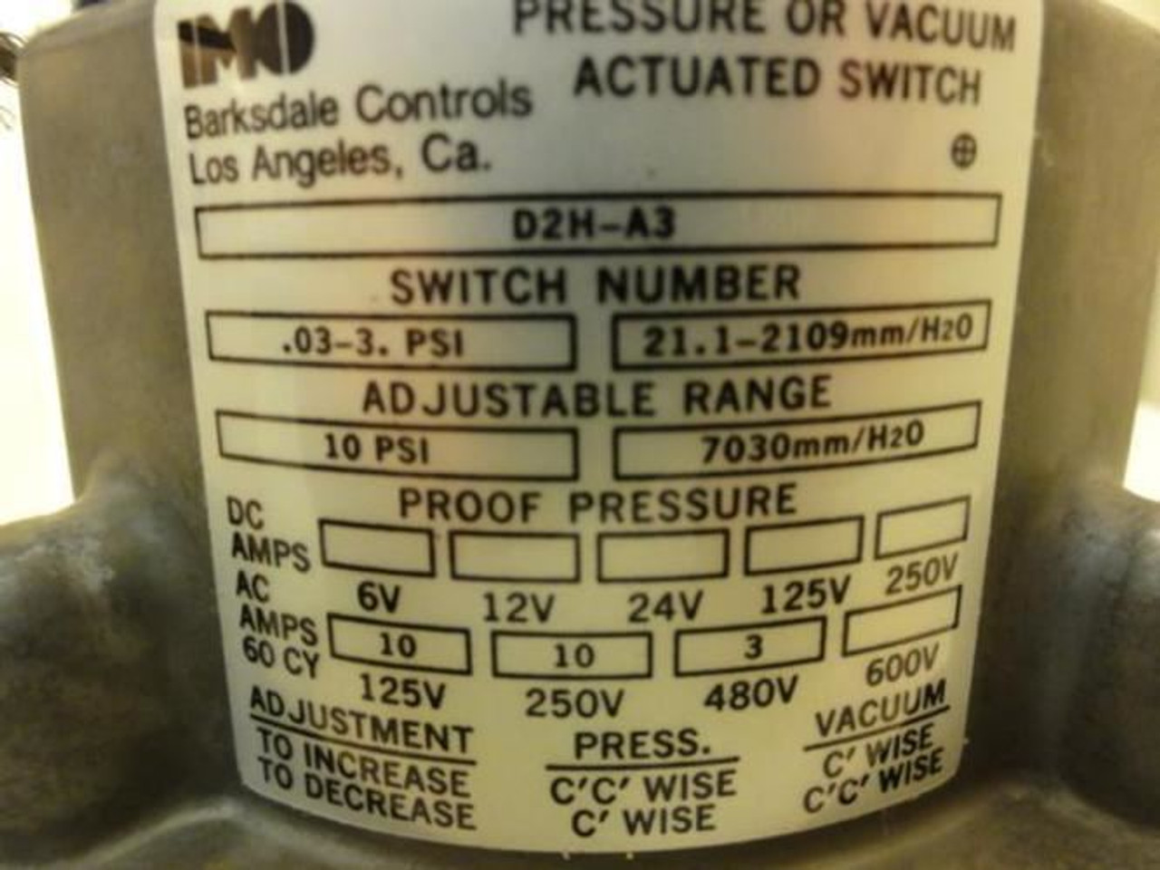 Barkdale D2H-A3; Pressure Actuated Switch