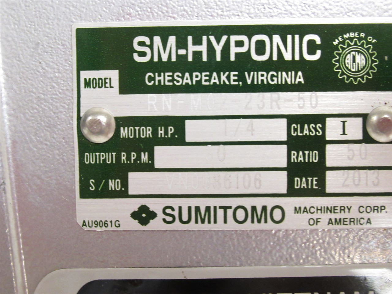 Sumitomo RNFM02-23R-50; AC Gearmotor; 50:1 Ratio; 1/4Hp; 200V