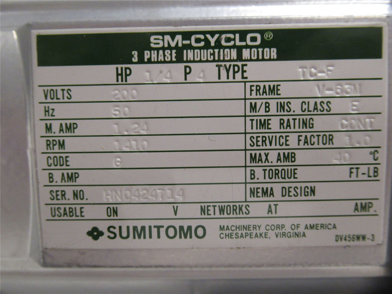 Sumitomo RNFM02-23R-50; AC Gearmotor; 50:1 Ratio; 1/4Hp; 200V