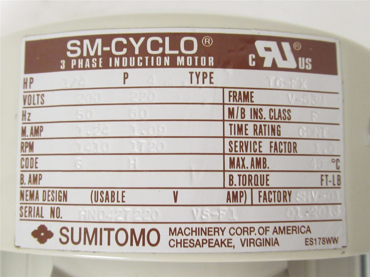 Sumitomo CNVM02-5077-13; Gear Motor; 1/4HP; 220V; 1720RPM;