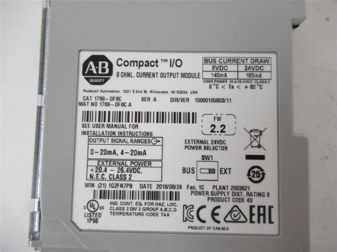 Allen-Bradley 1769-OF8C; Compactlogix 8-Pt Analog Output Modl