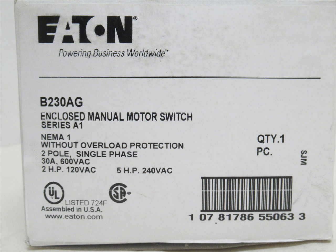 Eaton B230AG; Enclosed Manual Motor Switch 30A 600VAC; 2 Pole