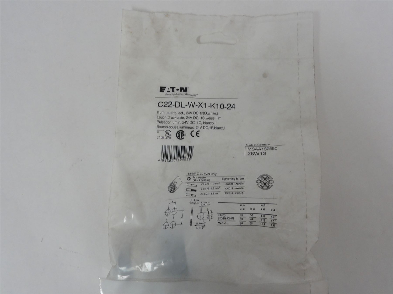 Eaton C22-DL-W-X1-K10-24; Illuminated Pushbutton- 24V AC/DC