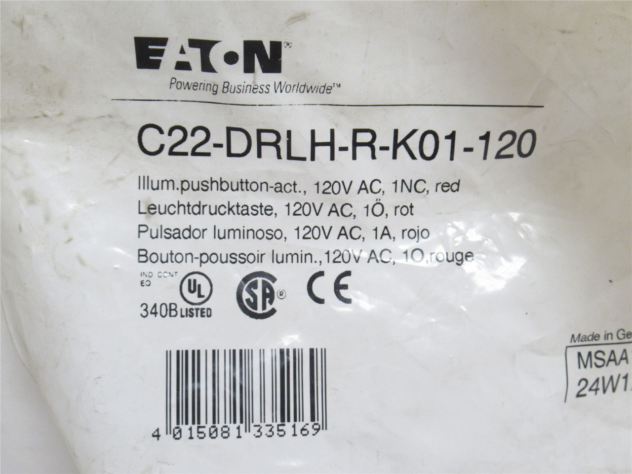 Eaton C22-DRLH-R-K01-120; Illumin Push-Button; Red; 1NC; 120V