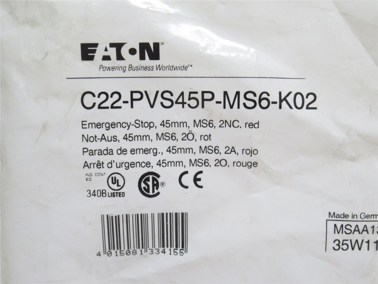 Eaton C22-PVS45P-MS6-K02; E-Stop Push Button; Red; 110/230VAC