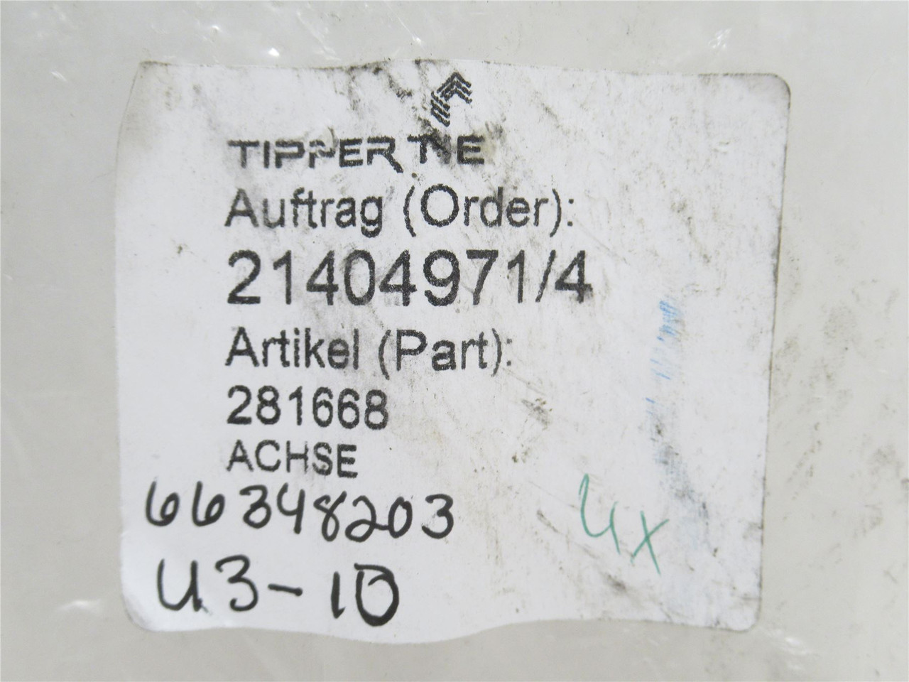 Tipper Tie 281668; Axle; SS; 125mm Long x 12mmOD