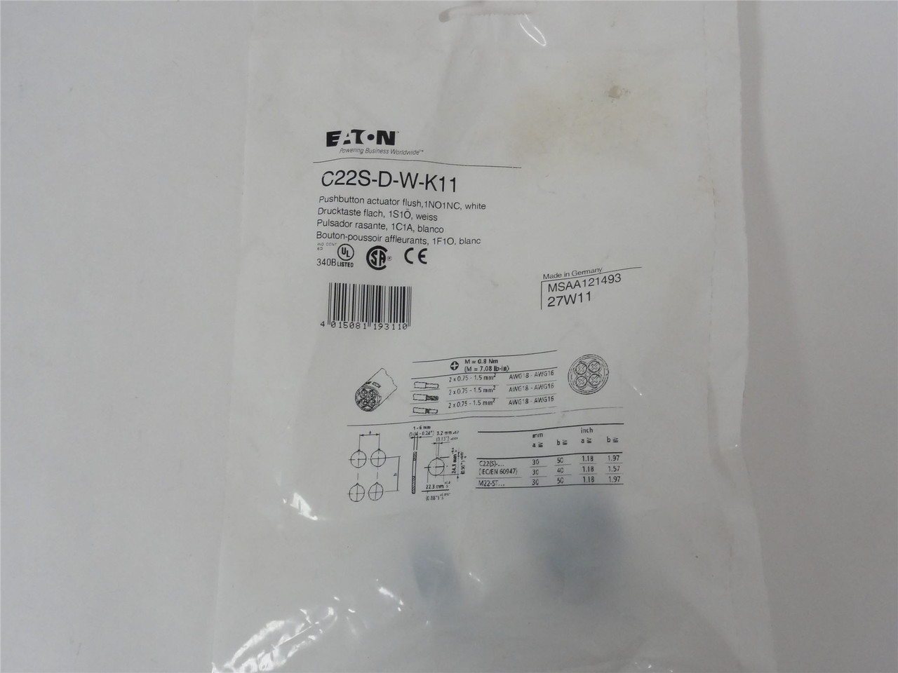 Eaton C22S-D-W-K11; Pushbutton- 22 mm