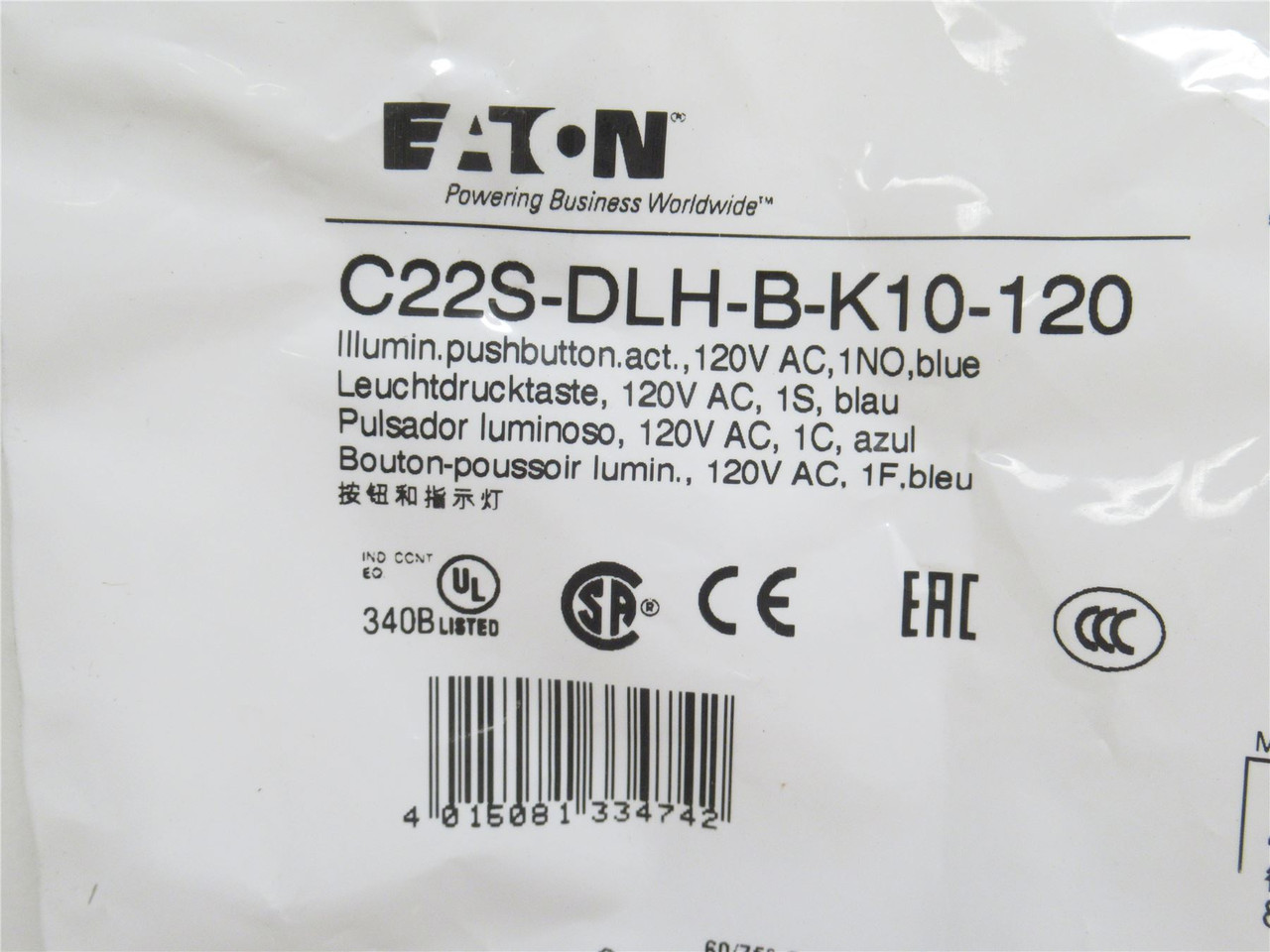 Eaton C22S-DLH-B-K10-120; Illuminated Push-Button; Blue; 120V