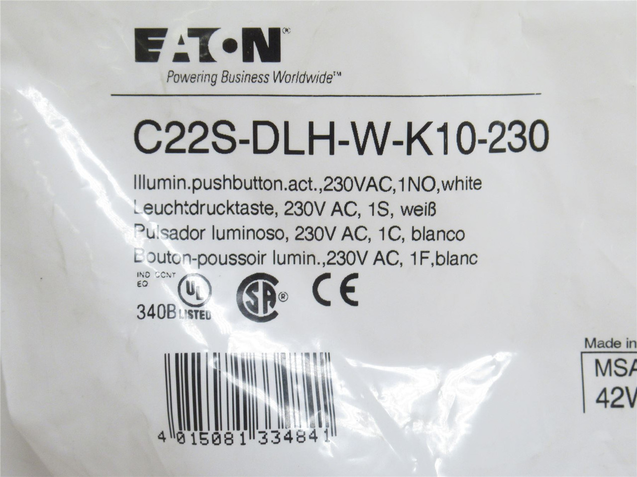 Eaton C22S-DLH-W-K10-230; Illuminated White Push-Button; 230V