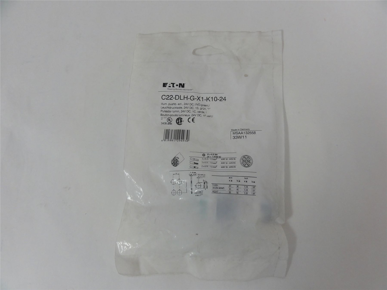 Eaton C22-DLH-G-X1-K10-24; Illuminated Pushbutton- 22mm green