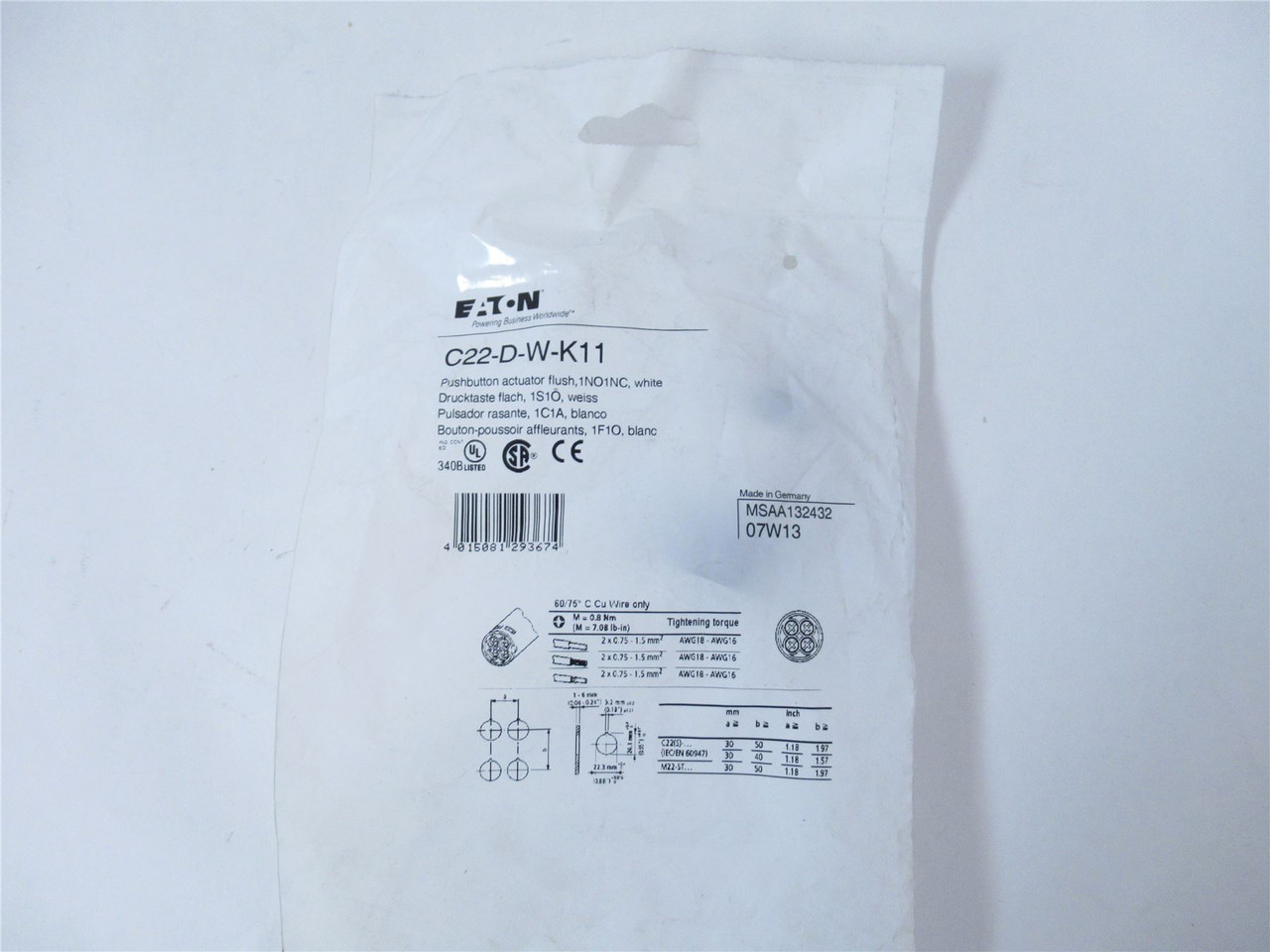 Eaton C22-D-W-K11; Pushbutton - Non Illuminated; Momentary