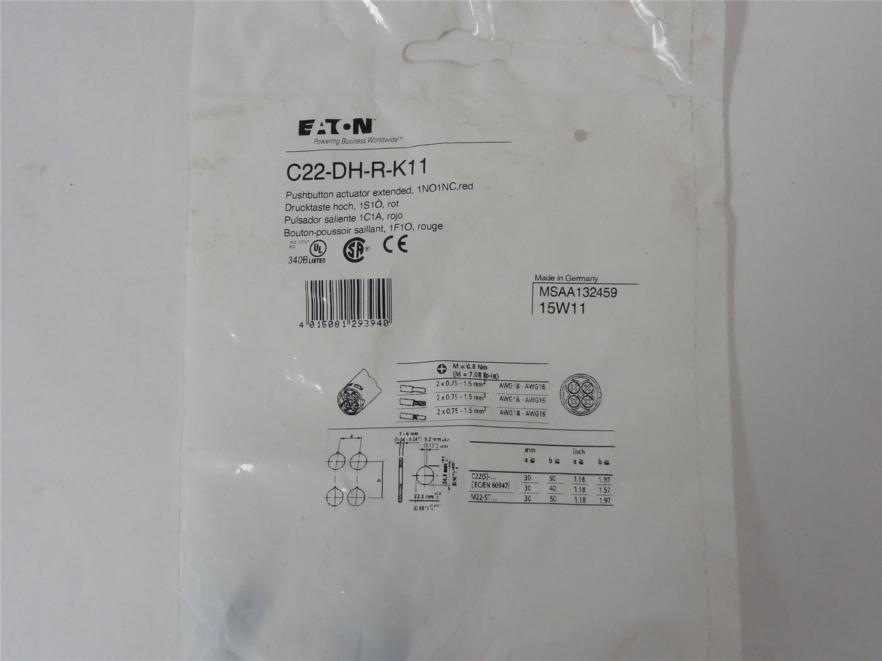 Eaton C22-DH-R-K11; Non Illuminated Pushbutton; 22.5 mm