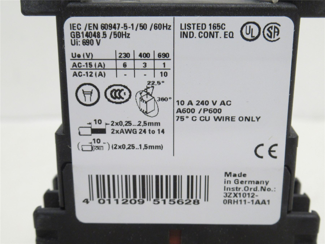 Siemens 3RH1262-2BB40; Control Relay; 6A; 230VAC; Coi: 24VDC