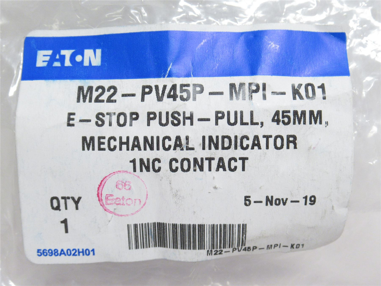 Eaton M22-PV45P-MPI-K01; E-Stop Push/Pull Switch; 45mm