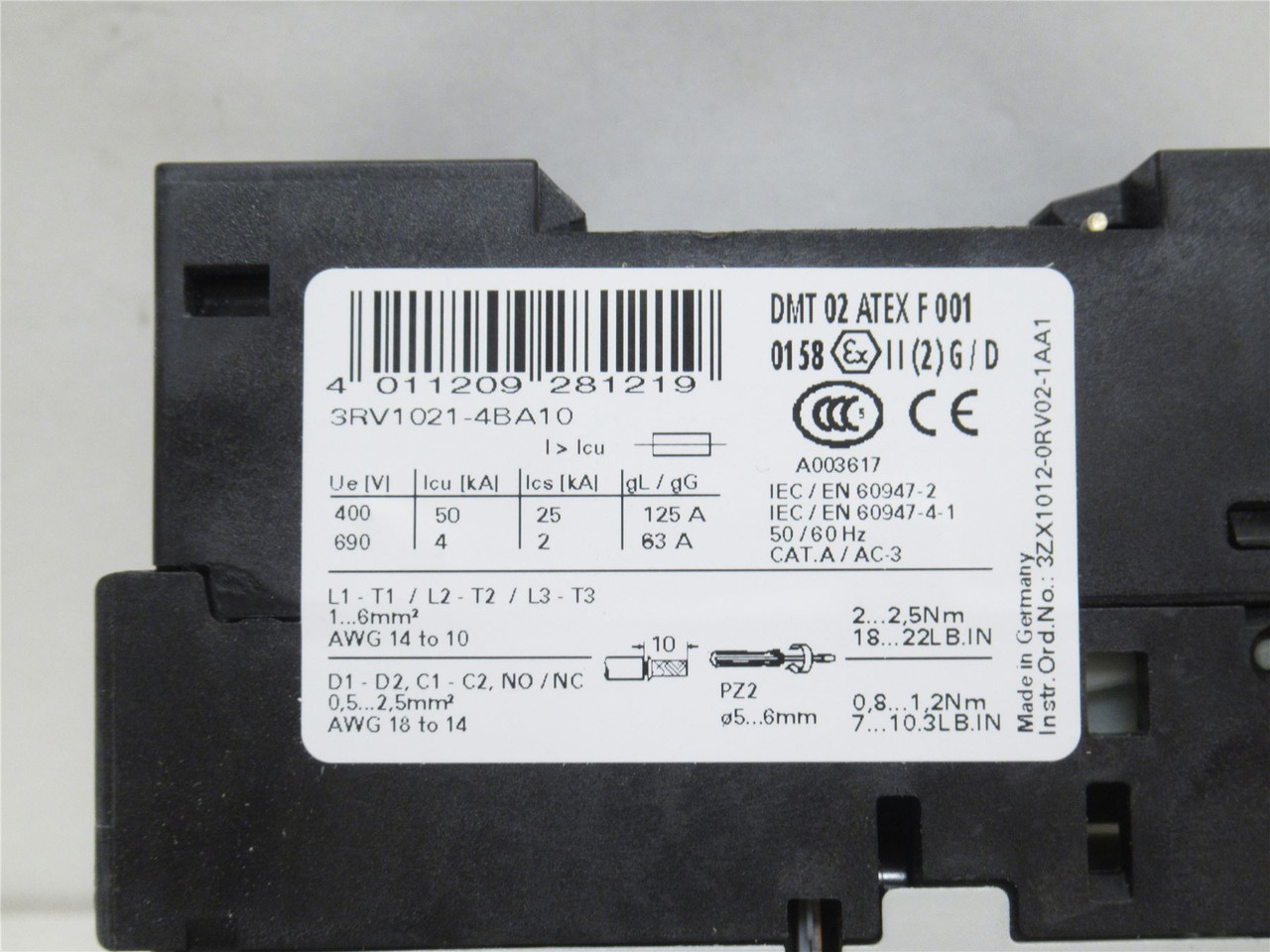 Siemens 3RV1021-4BA10; Starter Protector 14-20A; 3P; 600VAC