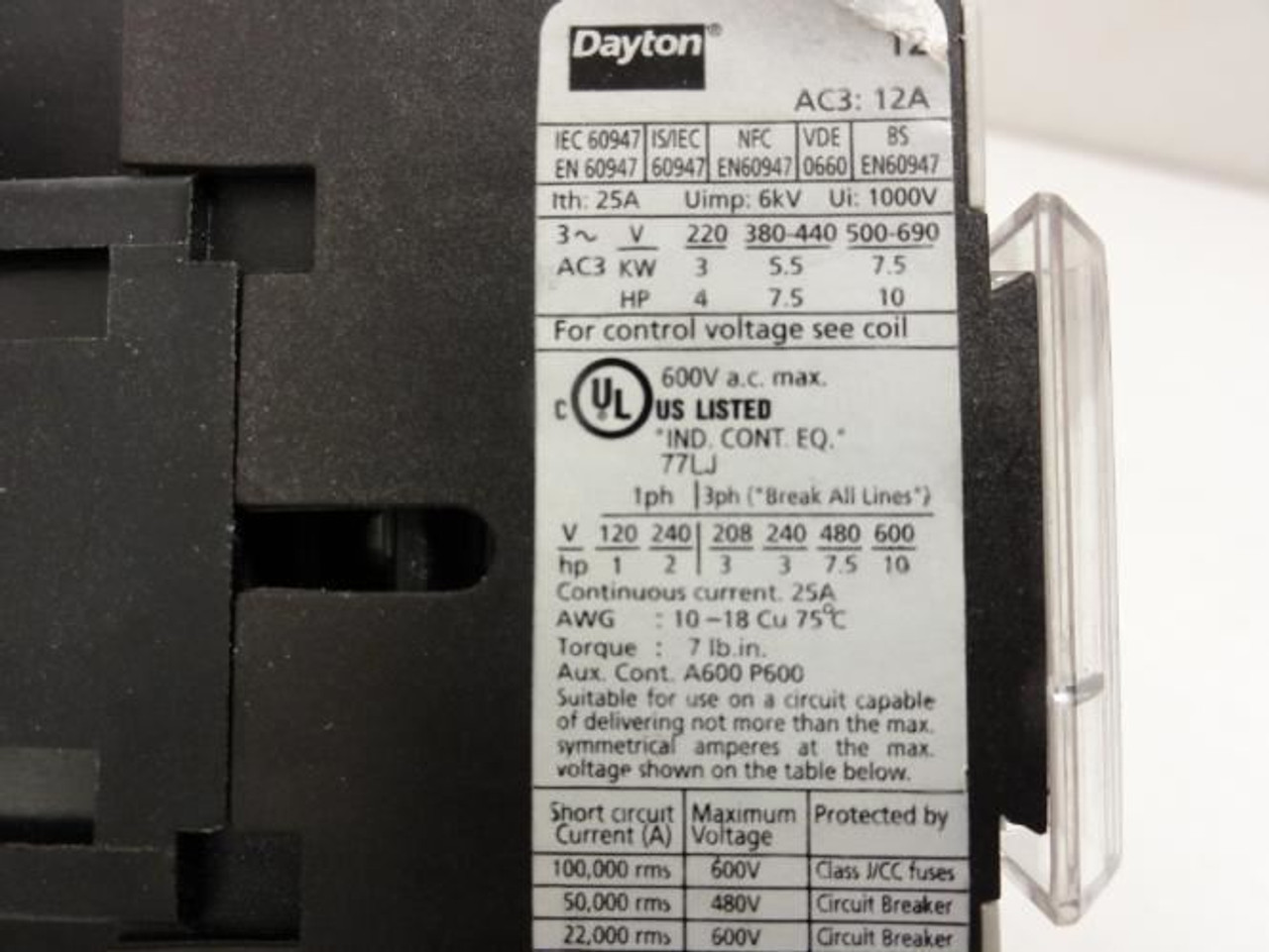 Dayton 6ECD1; Contactor; 12A; 3P; 600V Max; Coil: 24V Dayton 6ECD1; Contactor; 12A; 3P; 600V Max; Coil: 24V